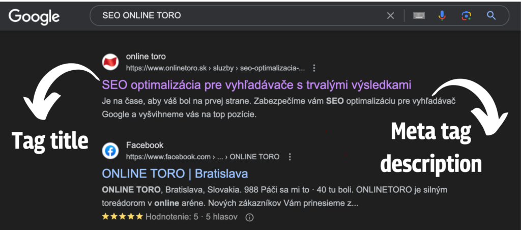 Tag title a meta tag description ONLINE TORO SEO